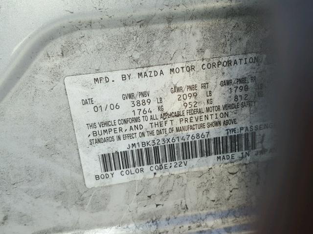 JM1BK323X61476867 - 2006 MAZDA 3 S SILVER photo 10