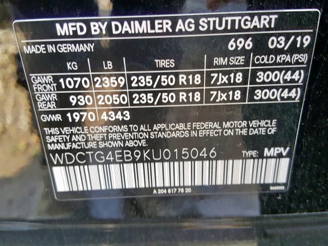 WDCTG4EB9KU015046 - 2019 MERCEDES-BENZ GLA 250 BLACK photo 10