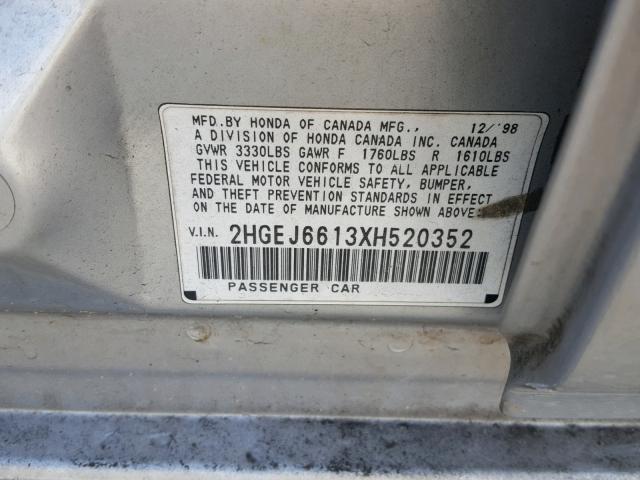 2HGEJ6613XH520352 - 1999 HONDA CIVIC BASE 银色 照片 10