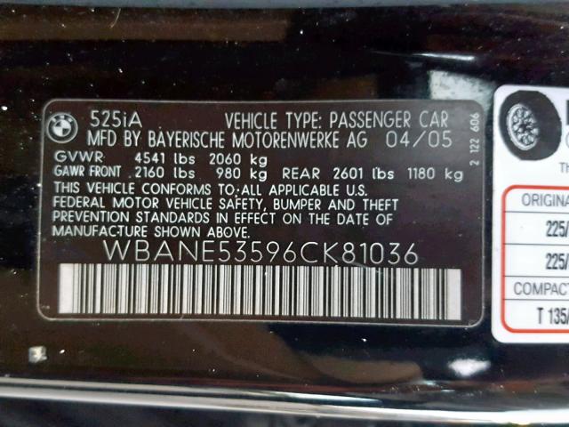 WBANE53596CK81036 - 2006 BMW 525 I BLACK photo 10