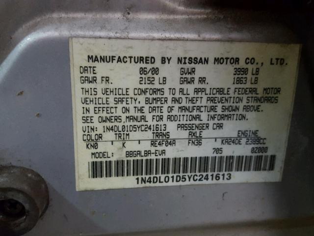 1N4DL01D5YC241613 - 2000 NISSAN ALTIMA XE SILVER photo 10