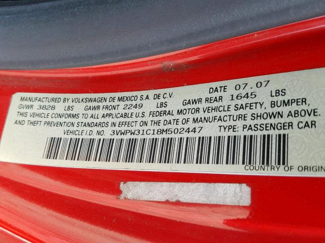 3VWPW31C18M502447 - 2008 VOLKSWAGEN NEW BEETLE წითელი ფოტო 10