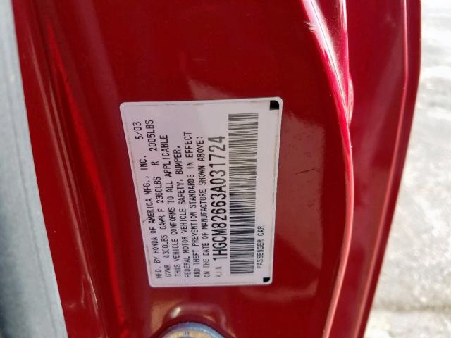 1HGCM82663A031724 - 2003 HONDA ACCORD EX RED photo 10