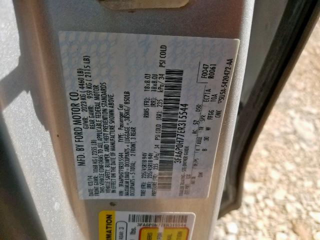 3FA6P0H77ER315544 - 2014 FORD FUSION SE SILVER photo 10