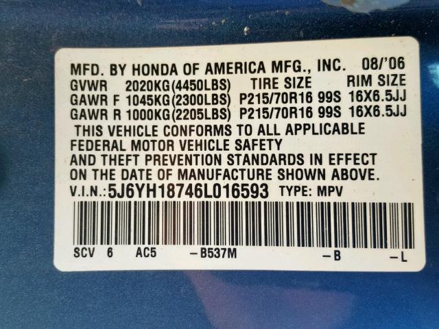 5J6YH18746L016593 - 2006 HONDA ELEMENT EX BLUE photo 10