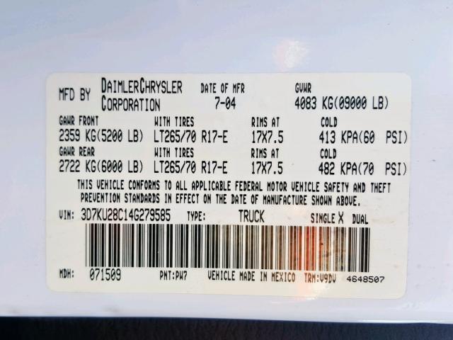 3D7KU28C14G279585 - 2004 DODGE RAM 2500 S Ağ foto 10