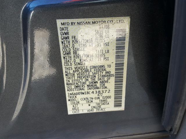 1N6AD09W18C438372 - 2008 NISSAN FRONTIER C GRAY photo 10