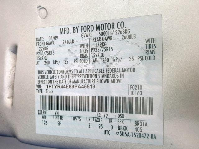 1FTYR44E89PA45519 - 2009 FORD RANGER SUP SILVER photo 10