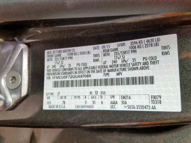 1FMCU0F72GUA97089 - 2016 FORD ESCAPE S BLACK photo 10