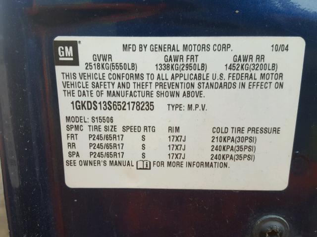 1GKDS13S652178235 - 2005 GMC ENVOY BLUE photo 10