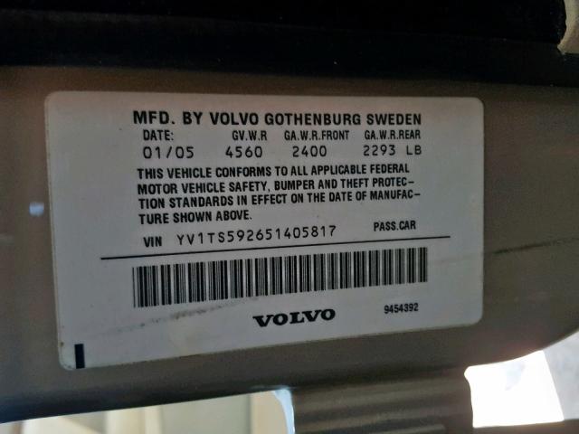 YV1TS592651405817 - 2005 VOLVO S80 2.5T BEIGE photo 10