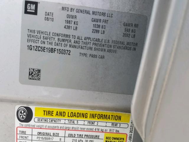 1G1ZC5E19BF150372 - 2011 CHEVROLET MALIBU 1LT SILVER photo 10