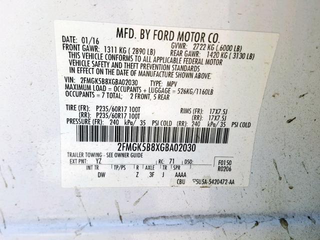 2FMGK5B8XGBA02030 - 2016 FORD FLEX SE WHITE photo 10