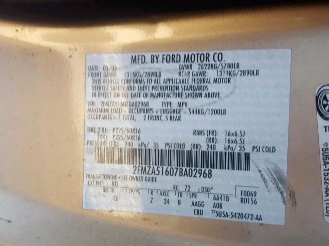 2FMZA51607BA02968 - 2007 FORD FREESTAR S TAN photo 10