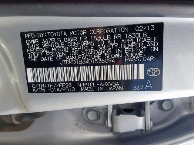 JTDKDTB34D1535094 - 2013 TOYOTA PRIUS C SILVER photo 10