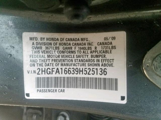 2HGFA16639H525136 - 2009 HONDA CIVIC LX-S Boz foto 10