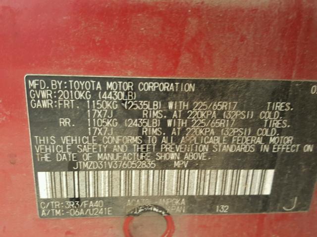 JTMZD31V376052835 - 2007 TOYOTA RAV4 LIMIT RED photo 10