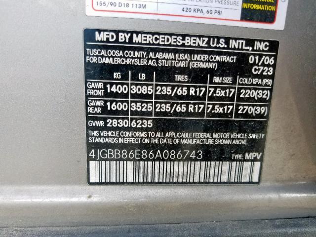 4JGBB86E86A086743 - 2006 MERCEDES-BENZ ML 350 SILVER photo 10