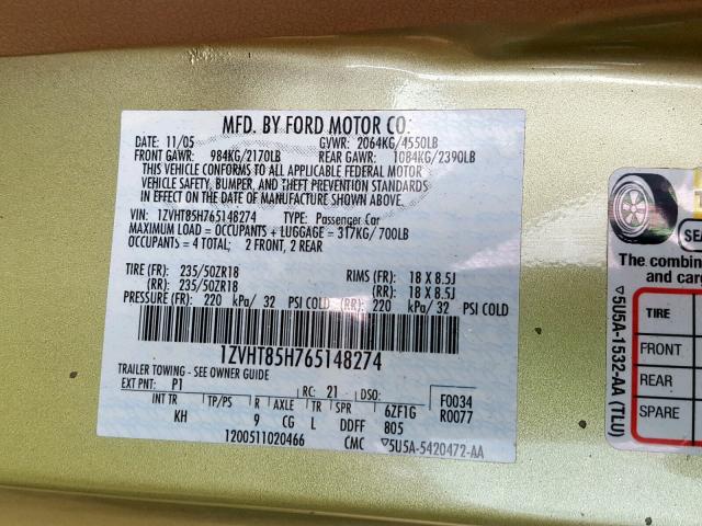 1ZVHT85H765148274 - 2006 FORD MUSTANG GT GREEN photo 10