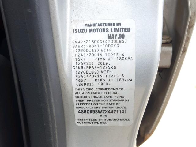 4S6CK58W2X4421141 - 1999 HONDA PASSPORT E SILVER photo 10