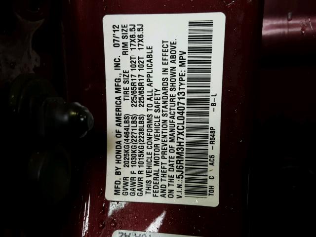 5J6RM3H7XCL040713 - 2012 HONDA CR-V EXL BURGUNDY photo 10