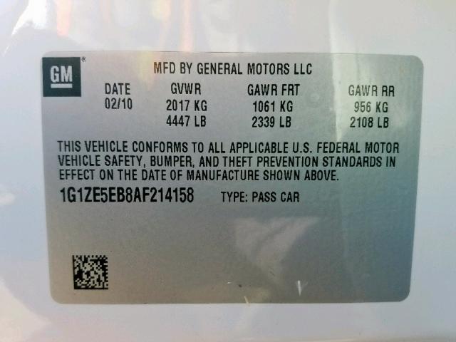 1G1ZE5EB8AF214158 - 2010 CHEVROLET MALIBU LTZ თეთრი ფოტო 10