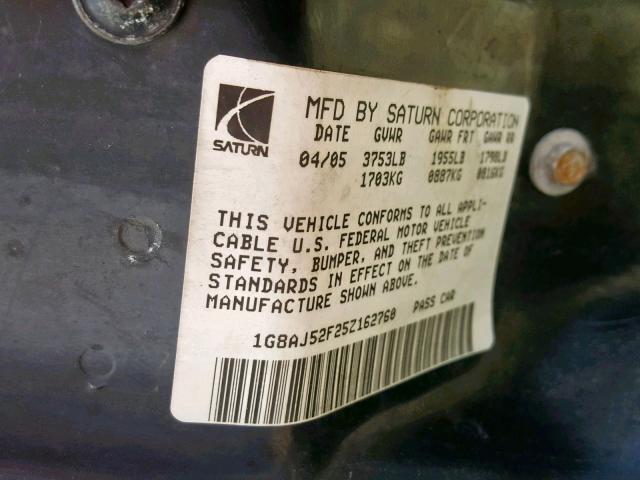 1G8AJ52F25Z162760 - 2005 SATURN ION LEVEL GRAY photo 10