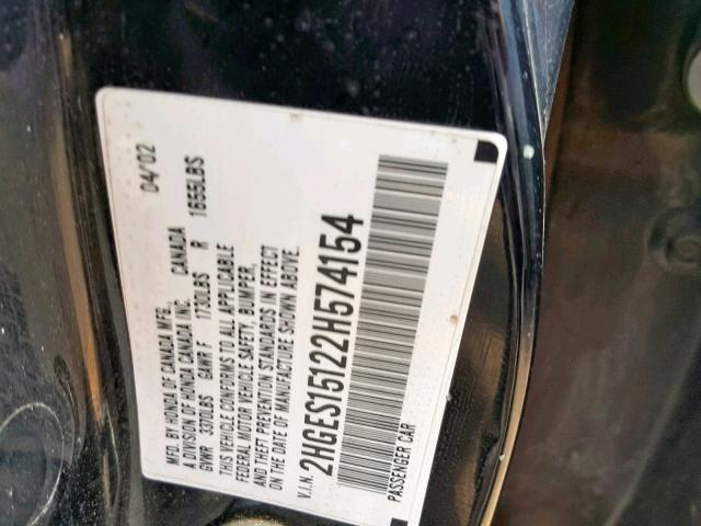 2HGES15122H574154 - 2002 HONDA CIVIC DX BLACK photo 10