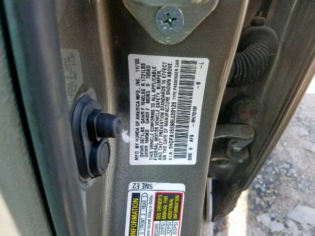 1HGFA16596L020126 - 2006 HONDA CIVIC LX GRAY photo 10