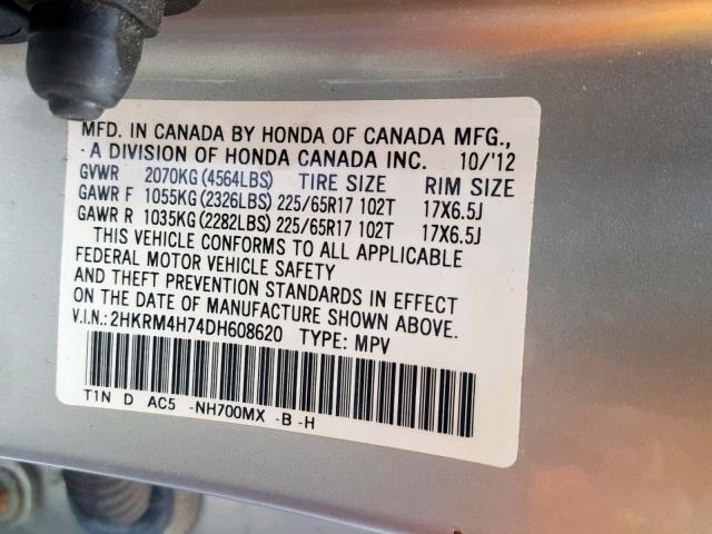 2HKRM4H74DH608620 - 2013 HONDA CR-V EXL SILVER photo 10