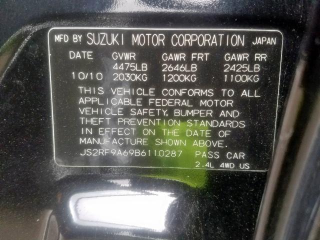 JS2RF9A69B6110287 - 2011 SUZUKI KIZASHI SP BLACK photo 10