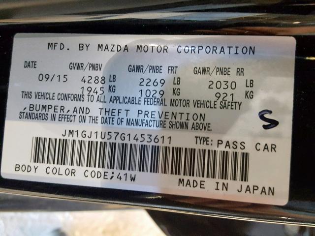 JM1GJ1U57G1453611 - 2016 MAZDA 6 SPORT BLACK photo 10