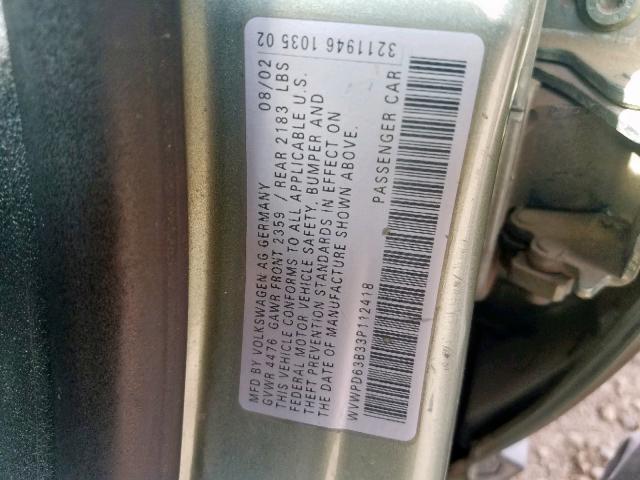 WVWPD63B33P112418 - 2003 VOLKSWAGEN PASSAT GLS GREEN photo 10