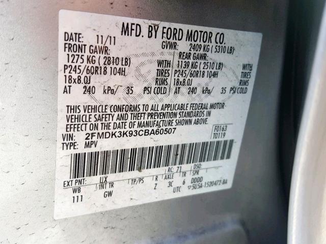 2FMDK3K93CBA60507 - 2012 FORD EDGE LIMIT SILVER photo 10