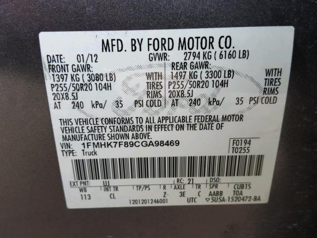 1FMHK7F89CGA98469 - 2012 FORD EXPLORER L CHARCOAL photo 10