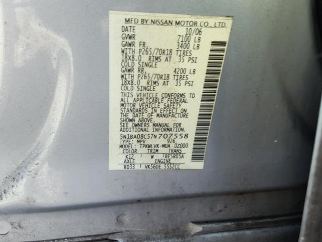 5N1BA08C57N707558 - 2007 NISSAN ARMADA SE SILVER photo 10