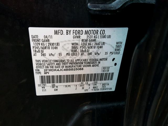 2FMDK4JC4BBB25088 - 2011 FORD EDGE SEL BLACK photo 10