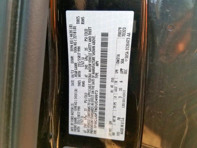 1FMCU0F78DUD49973 - 2013 FORD ESCAPE S BLACK photo 10