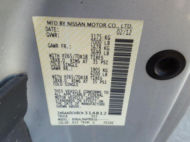 1N6AA0CH8CN314812 - 2012 NISSAN TITAN S BURN photo 10