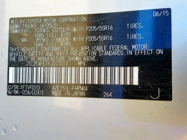 JTLZE4FE1FJ077017 - 2015 TOYOTA SCION XB Silber Foto 10