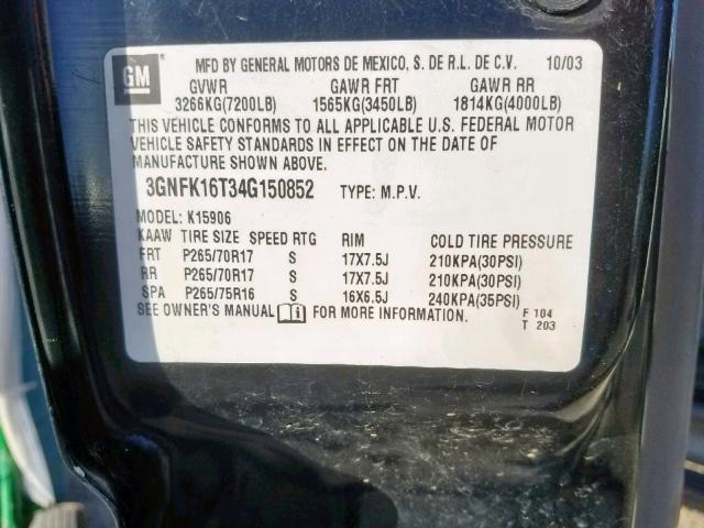 3GNFK16T34G150852 - 2004 CHEVROLET SUBURBAN K BLACK photo 10