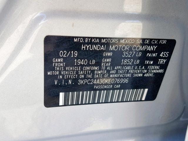 3KPC24A30KE076996 - 2019 HYUNDAI ACCENT SE GRAY photo 10