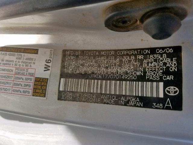 JTKDE177070149250 - 2007 TOYOTA SCION TC ვერცხლისფერი ფოტო 10