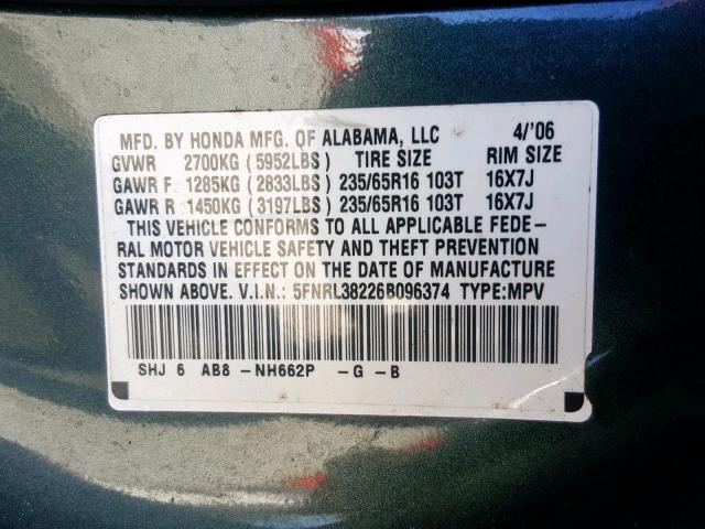 5FNRL38226B096374 - 2006 HONDA ODYSSEY LX CHARCOAL photo 10