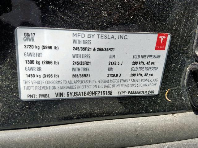 5YJSA1E49HF216188 - 2017 TESLA MODEL S BLACK photo 10