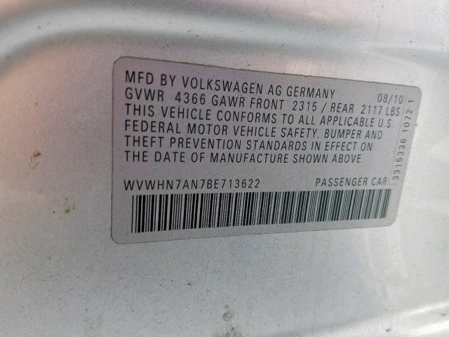 WVWHN7AN7BE713622 - 2011 VOLKSWAGEN CC LUXURY SILVER photo 10