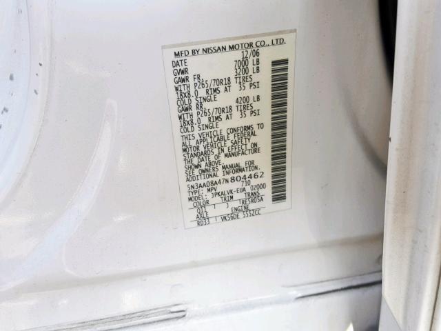 5N3AA08A47N804462 - 2007 INFINITI QX56 WHITE photo 10