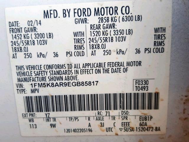 1FM5K8AR9EGB85817 - 2014 FORD EXPLORER P WHITE photo 10