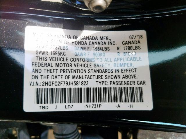 2HGFC2F79JH581823 - 2018 HONDA CIVIC EX BLACK photo 10