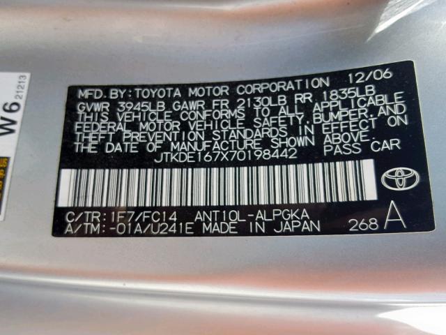 JTKDE167X70198442 - 2007 TOYOTA SCION TC ვერცხლისფერი ფოტო 10